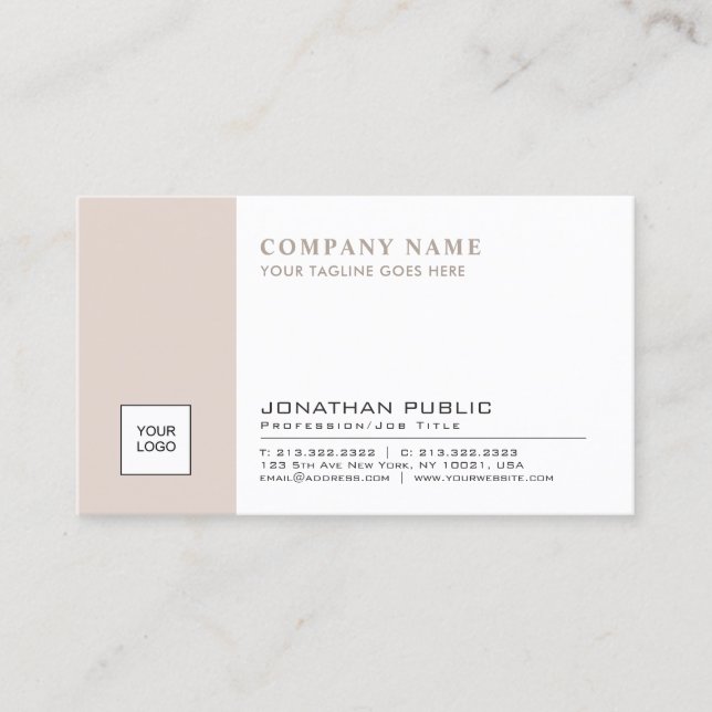 Chic Logo Plain Company Plain Beige White Trendy Business Card (Front)