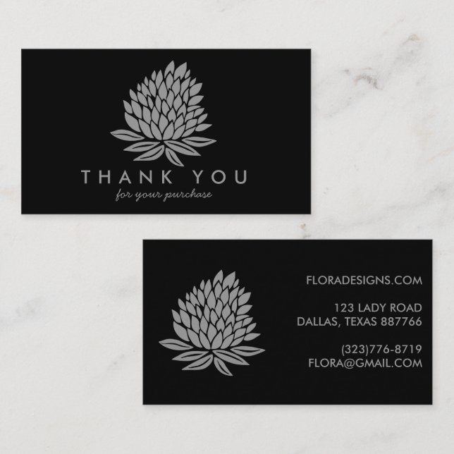 Chic Lotus Flowers Black Gray Order Thank You Business Card (Front/Back)