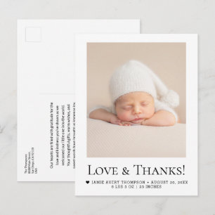 Chic Love and Thanks Baby Photo Birth announcement Postcard