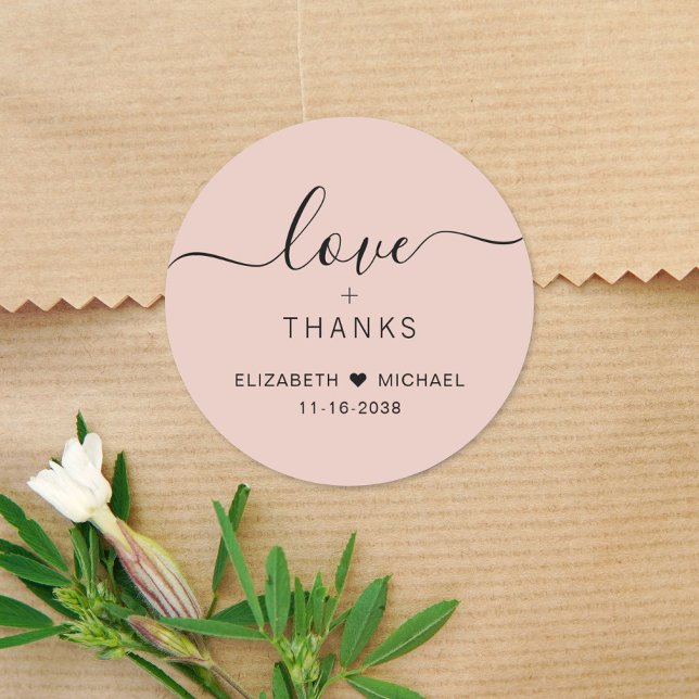 Chic Love And Thanks Blush Pink Wedding Thank You Classic Round Sticker (Creator Uploaded)