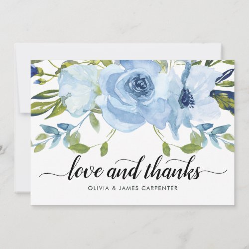 Chic Love and Thanks Dusty Blue Floral Watercolor Thank You Card