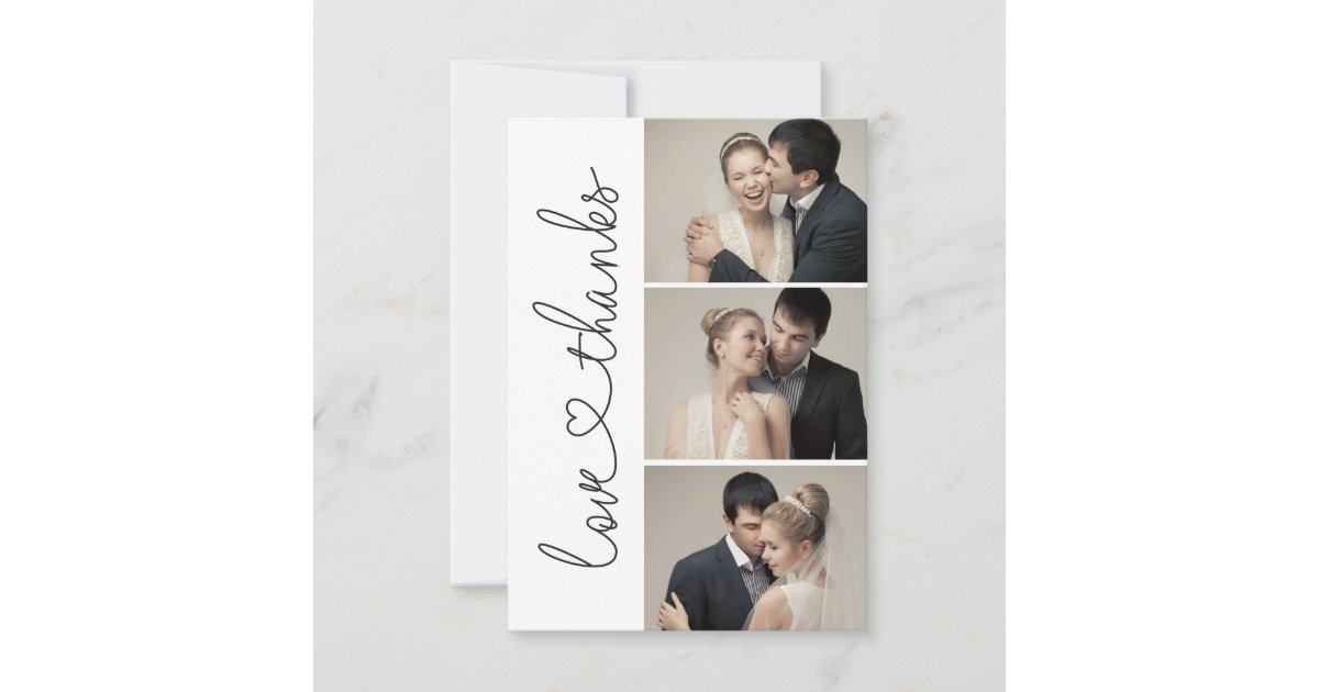 Chic Love and thanks script heart 3 wedding photos Thank You Card | Zazzle
