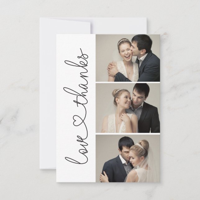 Chic Love and thanks script heart 3 wedding photos Thank You Card (Front)