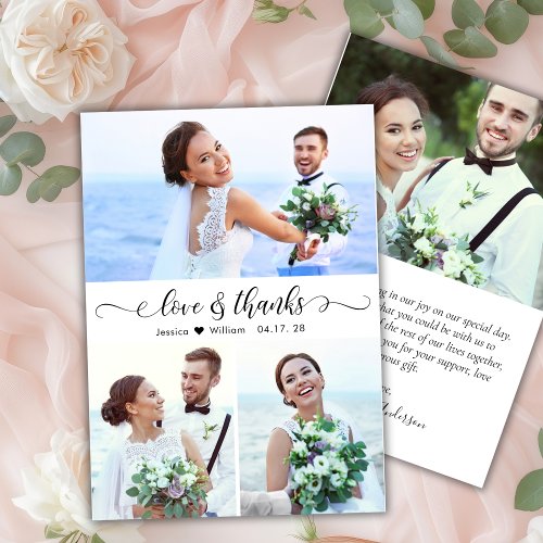 Chic Love and Thanks Script Photo Collage Wedding Thank You Card