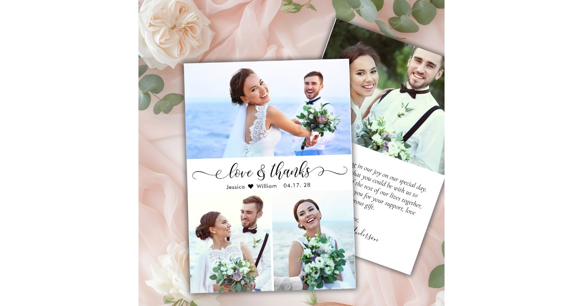 Chic Love and Thanks Script Photo Collage Wedding Thank You Card | Zazzle