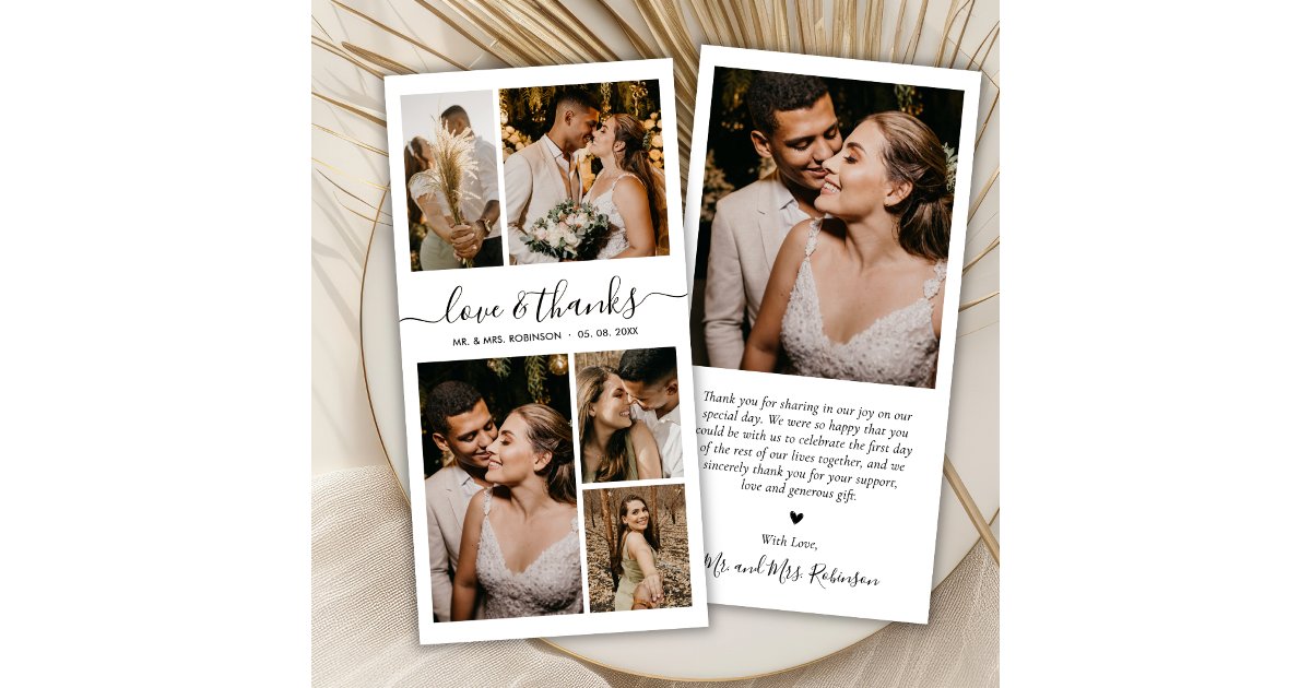 Chic Love and Thanks Script Photo Collage Wedding Thank You Card | Zazzle