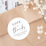 Chic Love And Thanks Wedding Classic Round Sticker<br><div class="desc">A chic sticker for your wedding thank you cards and party favors featuring "Love   Thanks"  in a modern script and elegant typography,  your names and wedding date.</div>