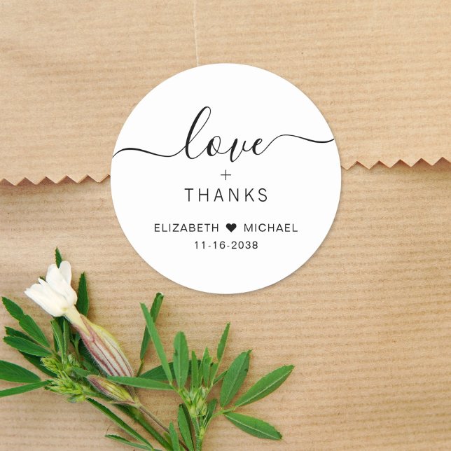 Chic Love And Thanks Wedding Thank You Classic Round Sticker (Creator Uploaded)