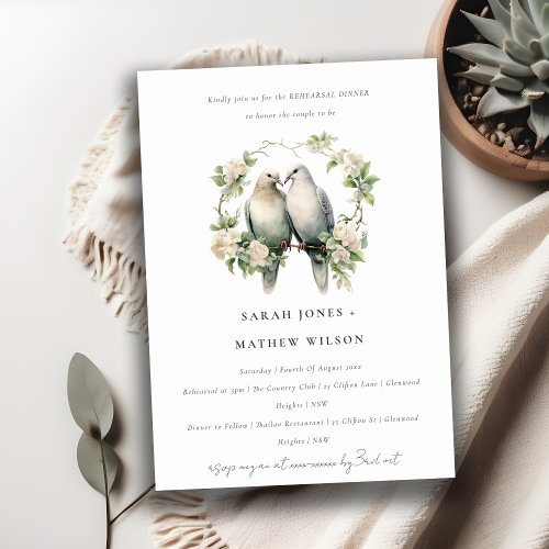 Chic Love Birds Botanical Wreath Rehearsal Dinner Invitation