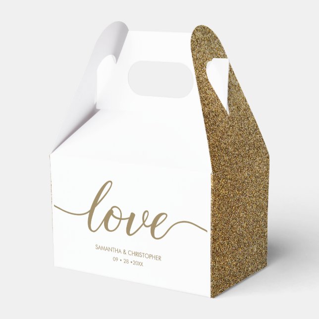 Chic Love Script Faux gold White Custom Wedding Favor Boxes (Front Side)
