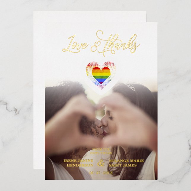 Chic Love & Thanks LGBT Rainbow Pride Heart Photo Foil Invitation (Front/Back)