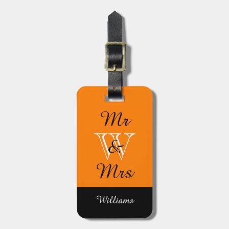 Chic Luggage Tag_"mr & Mrs" In Orange/black/white Luggag