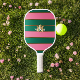 Chic Luxe Monogrammed Pink and Green Pickleball Paddle