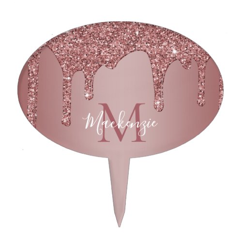 Chic Luxe Rose Gold Dripping Glitter Monogram Cake Topper