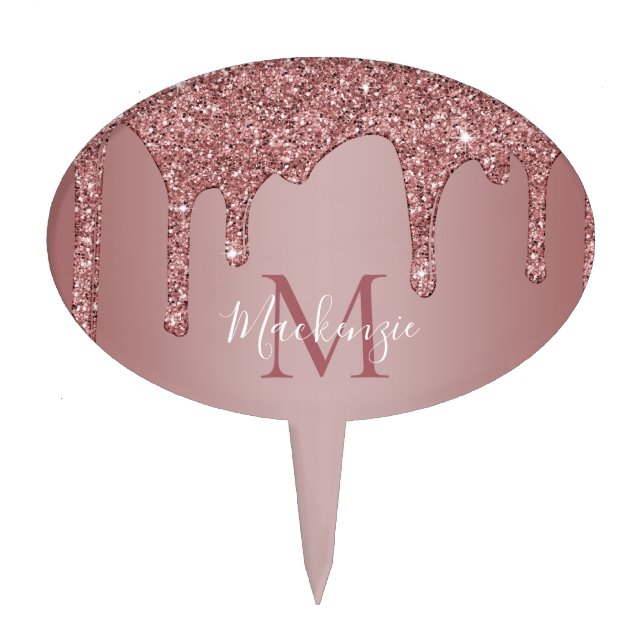 Chic Luxe Rose Gold Dripping Glitter Monogram Cake Topper (Front)