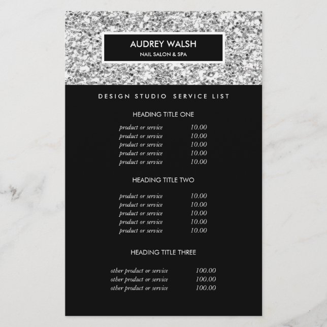 Chic Luxe Silver Glitter Salon Pricing & Services Flyer (Front)