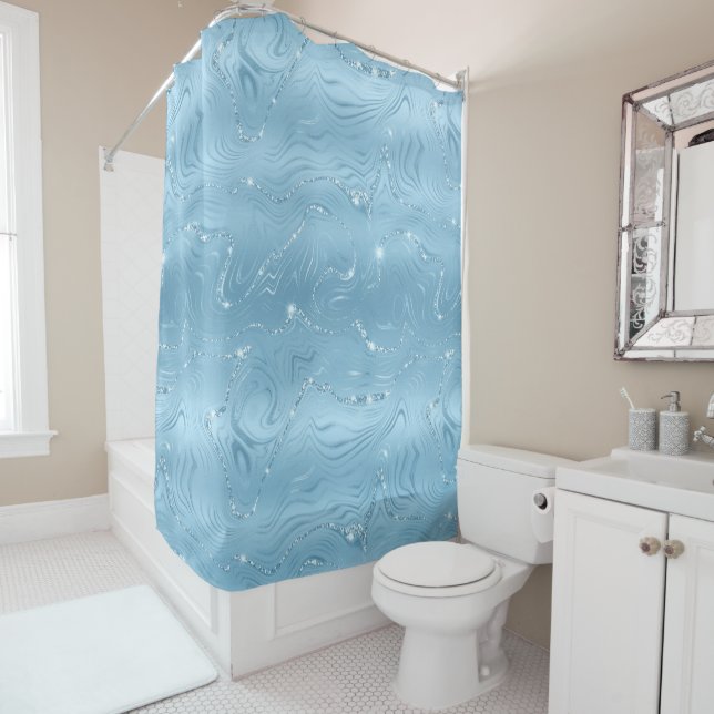Chic Luxury Baby Blue Silver Glitter Pattern Shower Curtain (In Situ)