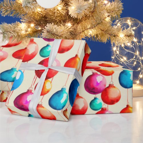 Chic Luxury Christmas Watercolor Colorful Baubles Wrapping Paper