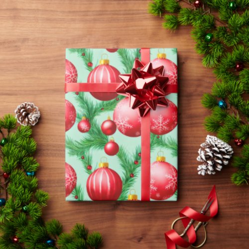 Chic Luxury Christmas Watercolor Red Baubles Pine Wrapping Paper