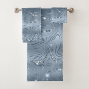Chic Luxury Dusty Blue Silver Glitter Bath Towel Set