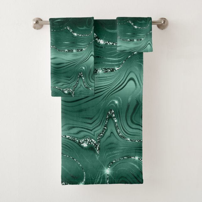 Chic Luxury Emerald Green Silver Glitter  Bath Towel Set (Insitu)