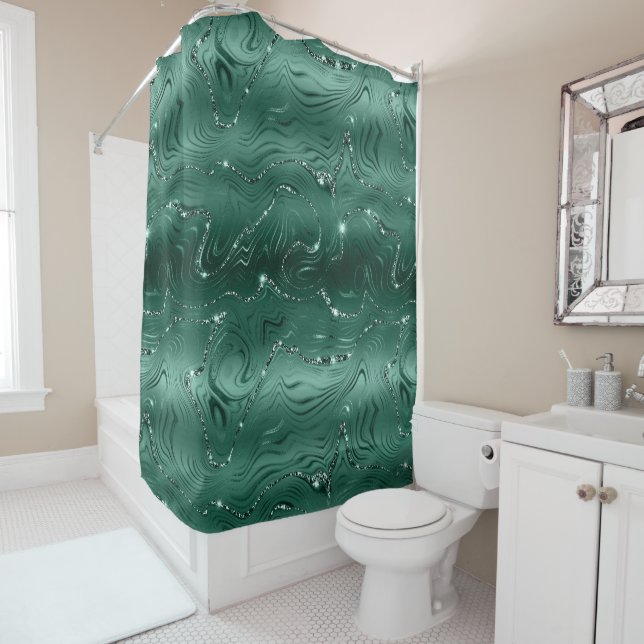 Chic Luxury Emerald Green Silver Glitter Shower Curtain (In Situ)