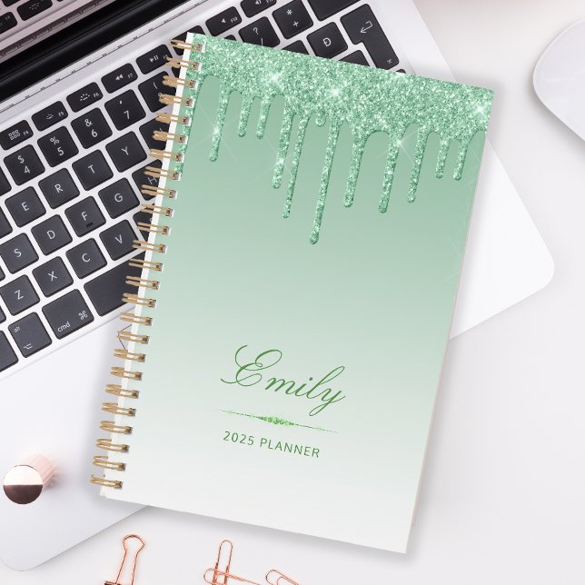 Chic Luxury Glitter Drips Personalized Green 2025 Planner (Creator Uploaded)