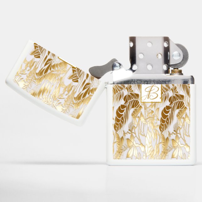 Chic Luxury Gold and Ivory Monstera Leaf Zippo Lighter (Opened)