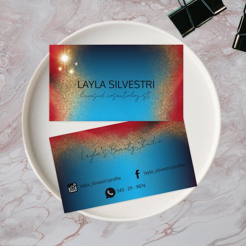 Chic Luxury Gold Glitter On Blue And Red Metallic Business Card