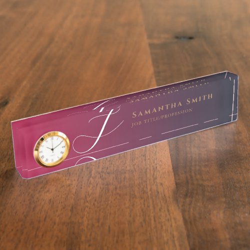 Chic Luxury Gradient Burgundy and Gold Monogrammed Desk Name Plate