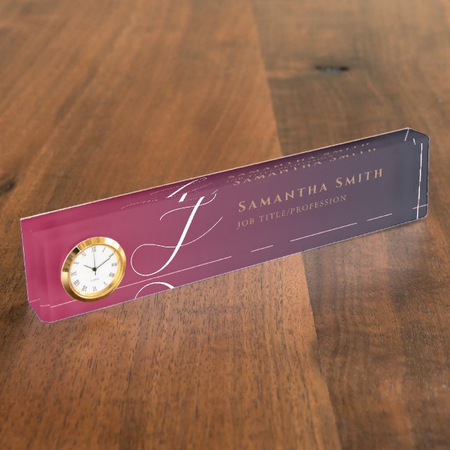 Chic Luxury Gradient Burgundy and Gold Monogrammed Desk Name Plate (Side)
