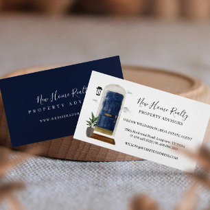 Chic Luxury Navy Watercolor Door Real Estate Agent Business Card