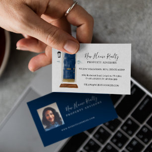 Chic Luxury Navy Watercolor Door Real Estate Agent Business Card