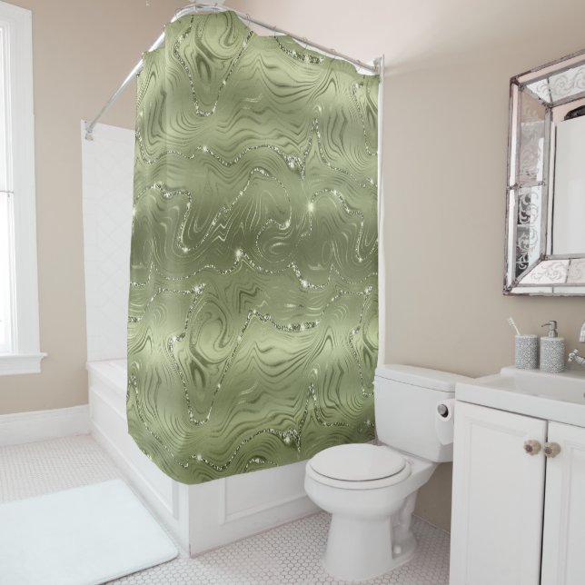 Chic Luxury Olive Silver Glitter Pattern Shower Curtain (In Situ)