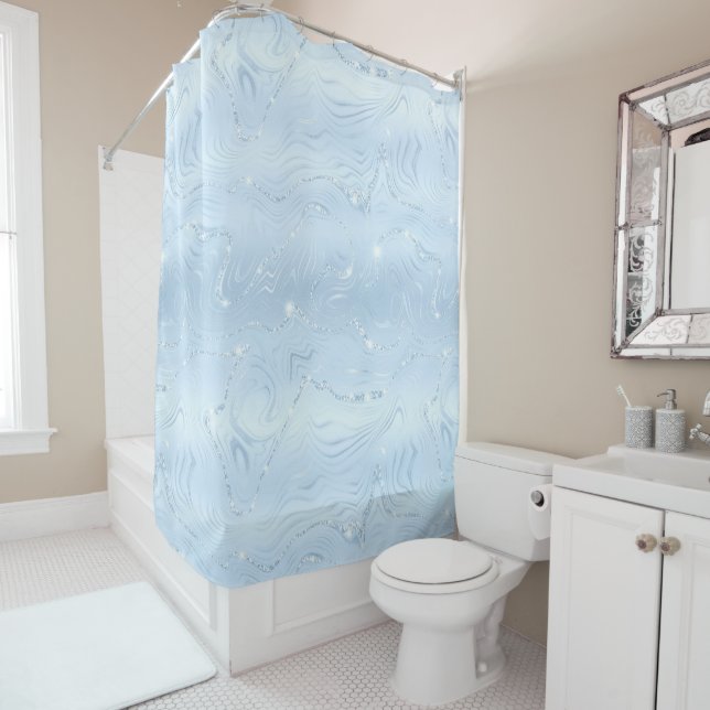 Chic Luxury Pastel Blue Silver Glitter Pattern Shower Curtain (In Situ)