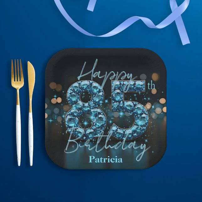 Chic Luxury Sapphire Blue and Black 85th Birthday Paper Plates (Creator Uploaded)