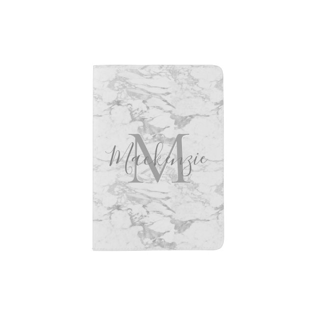 Chic Luxury Silver Foil Marble Monogram Passport Holder (Front)