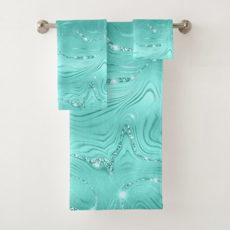 Chic Luxury Turquoise Silver Glitter Bath Towel Set