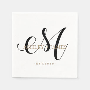 Chic M Monogram Gold Script Name Wedding Date Napkins