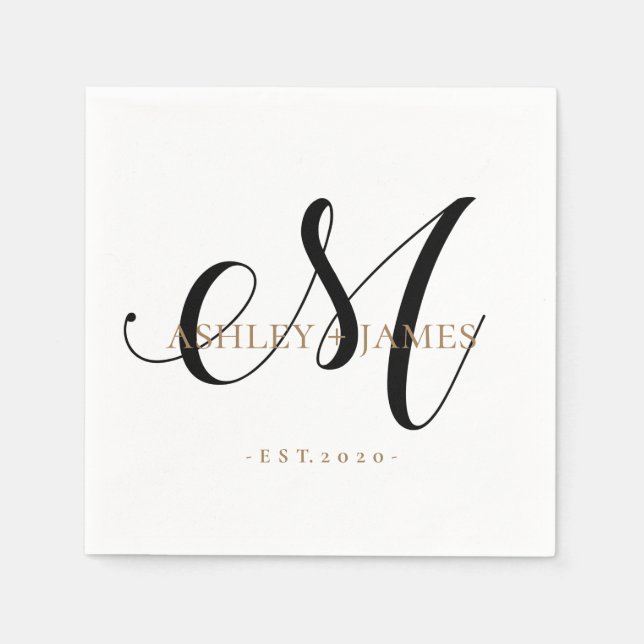  Chic M Monogram Gold Script Name Wedding Date Napkins (Front)
