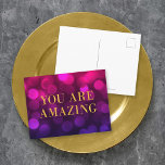 Chic Magenta Bokeh Lights Gold You Are Amazing Postcard<br><div class="desc">Chic motivational postcard featuring the words "You Are Amazing" in faux gold foil against magenta bokeh lights pattern background. To add text to the the card click the "Customize" button. *Please note that the Zazzle Watermark that appears in the zoom preview will NOT appear on the final printed product. ©...</div>