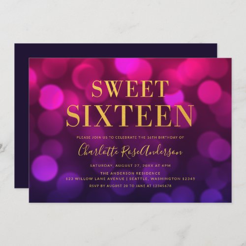 Chic Magenta Bokeh Lights Sweet Sixteen Birthday Invitation