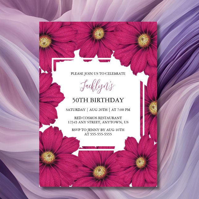 Chic Magenta Cosmos Floral Botanical Birthday Invitation (Creator Uploaded)