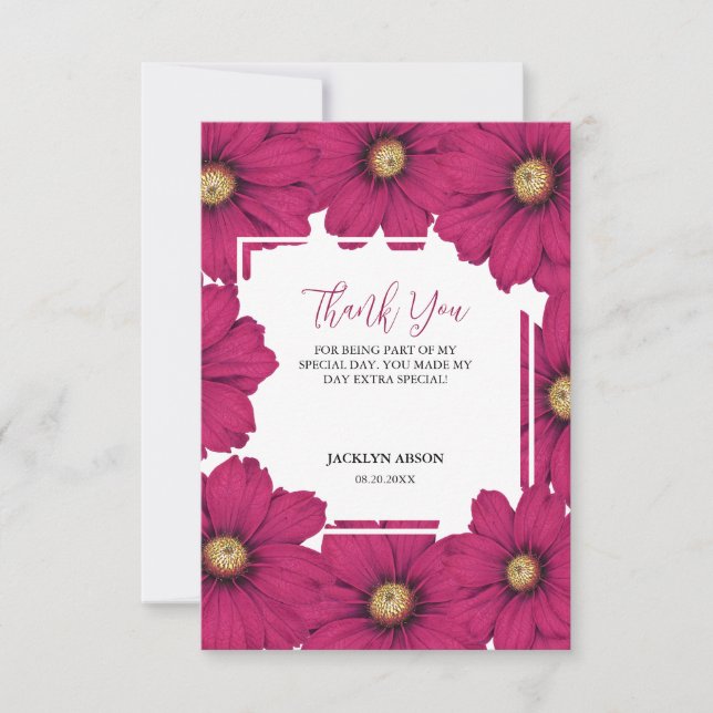Chic Magenta Cosmos Floral Botanical Thank You Card (Front)