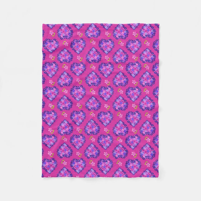 Chic Magenta Hearts and Flowers Fleece Blanket (Front)