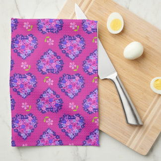 Chic Magenta Hearts and Flowers Kitchen Towel