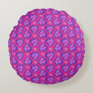 Chic Magenta Hearts and Flowers Round Pillow