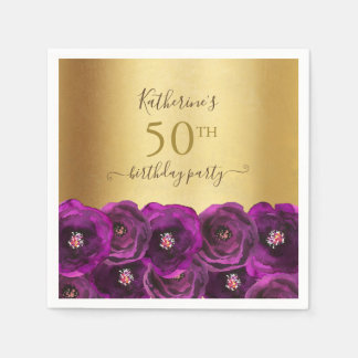 Chic Magenta Rose Floral Gold 50th Birthday Party Napkins