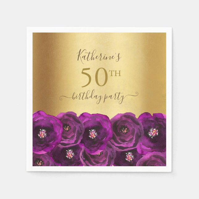 Chic Magenta Rose Floral Gold 50th Birthday Party Napkins (Front)