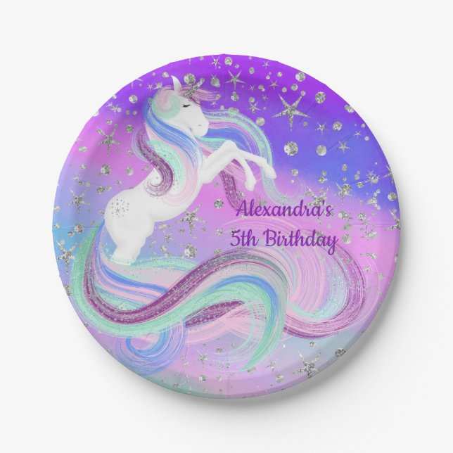 Chic Magical Unicorn Silver Stars Paper Plates (Front)